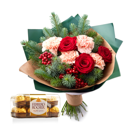 Evergreen Roses and Carnations Christmas Bouquet