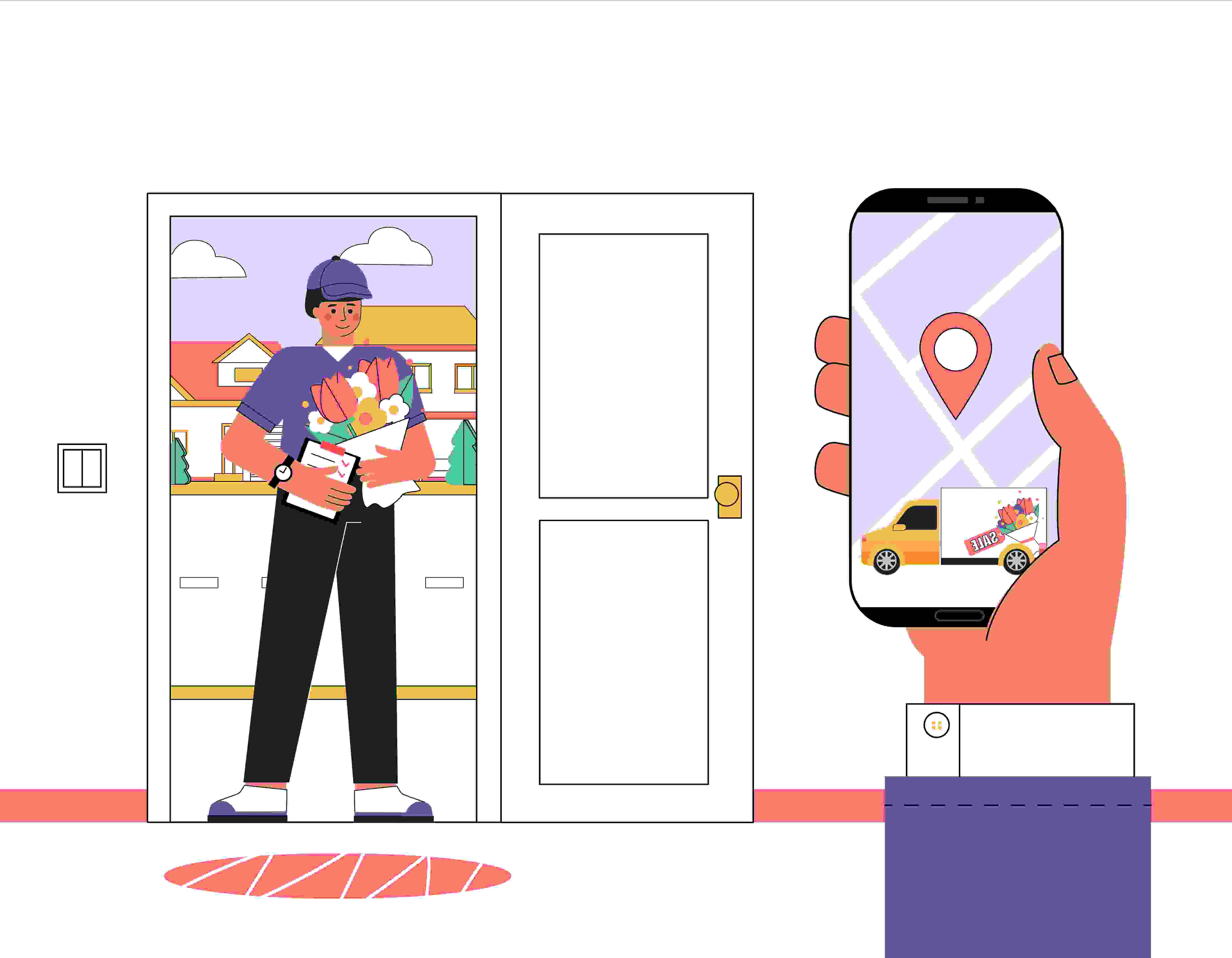 API Integration for Gift Delivery: cartoon delivery man with flowers and customer tracking order on phone